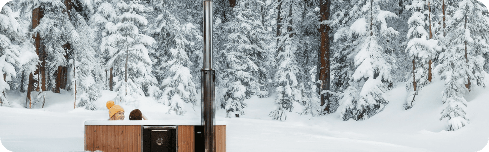 Snowy forest hot tub scene